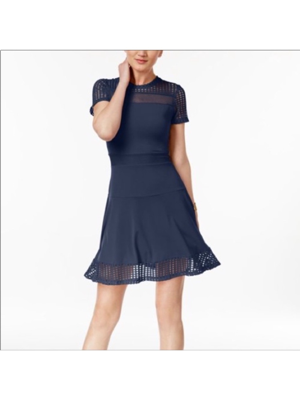 Michael Kors Navy Short-Sleeve Crochet-Trim Fit & Flare Dress